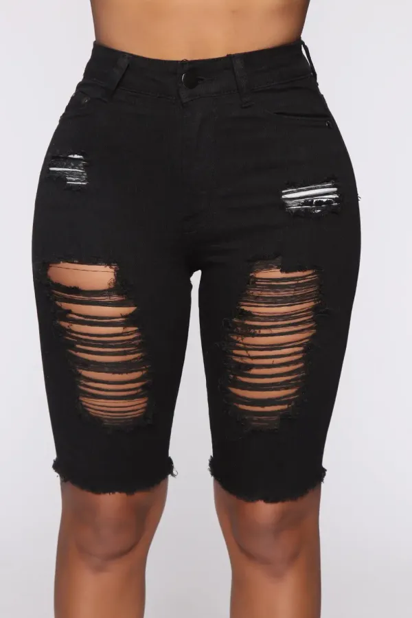 Raquel Distressed Bermuda Shorts - Black