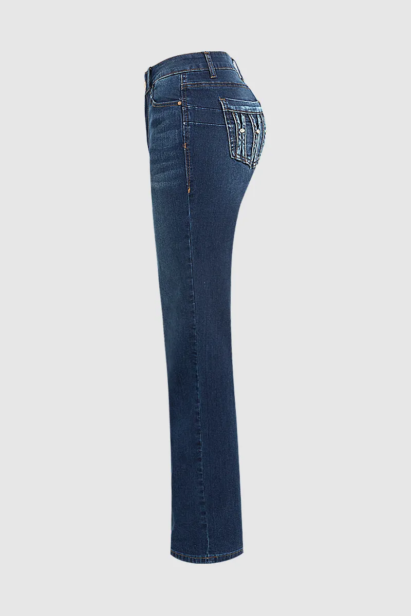 Mid Waist Rhinestone Decor Straight Leg Jeans Without Belt