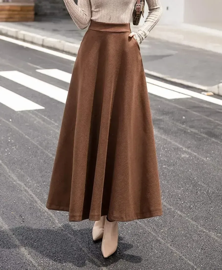 Women's Winter Elegant Warm Long Skirt Wool Maxi Skirts Elastic Waist A-Line High Waist Plaid Pleated Skirt S-3XL