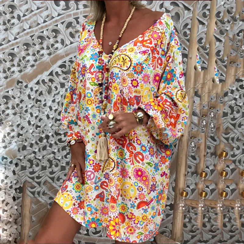 Spring And Summer New Women's V-neck Printed Peace Floral Oversized Long Dress