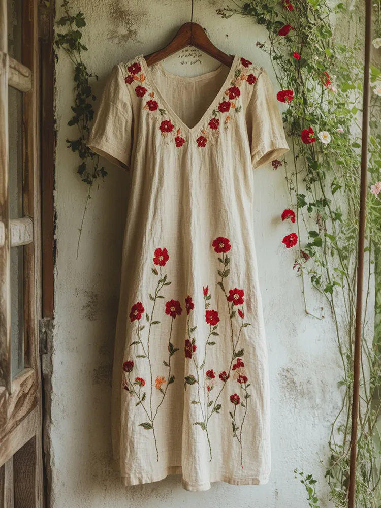 Women's Embroidered Flower V-neck Loose Linen Blend Midi Dress