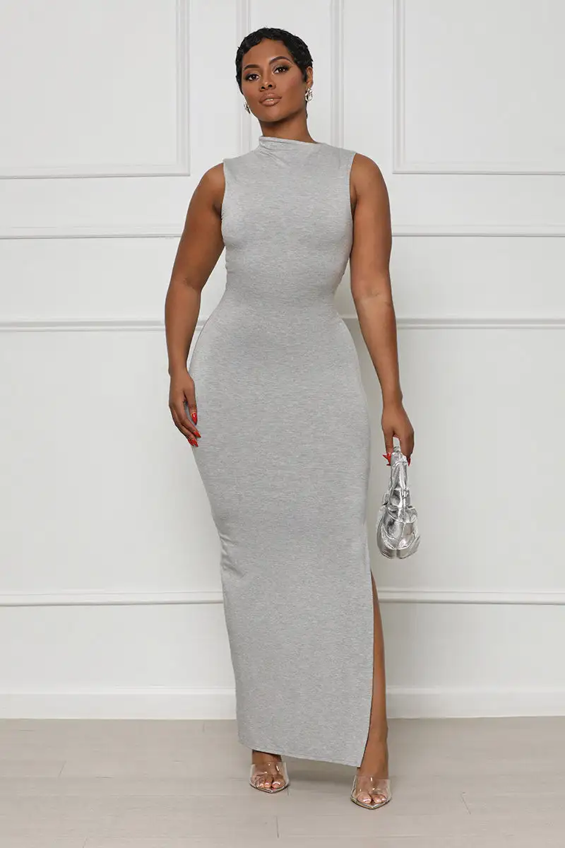 Set The Tone High Neck Dress (Grey)-FINAL SALE