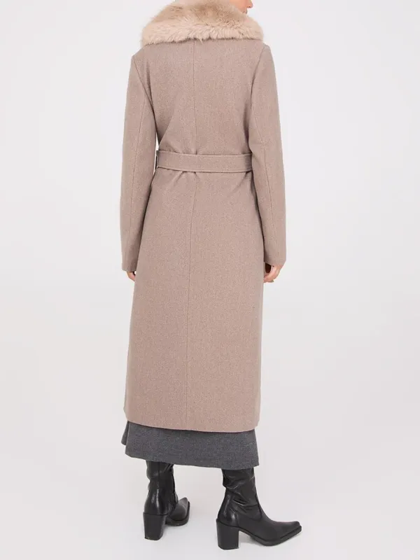 Long Wrap Coat With Faux Fur Collar