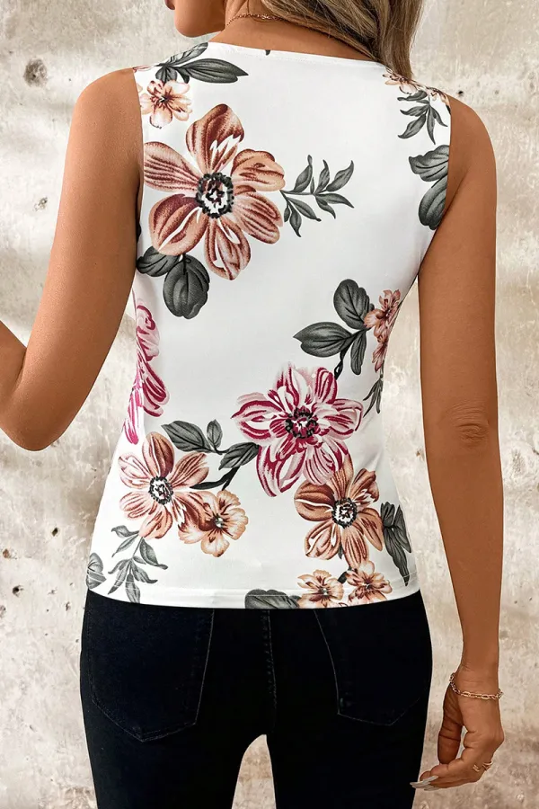 Floral Pattern Scallop Trim Plunging Neck Tank Top