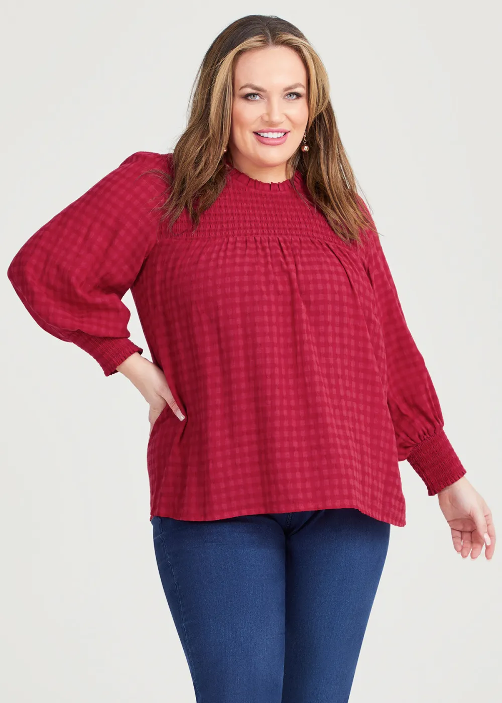 Cotton Mix Shirred Gingham Top