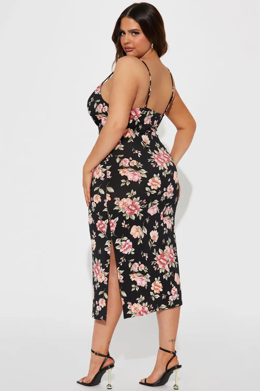 Floral Lace Up Midi Dress - Black