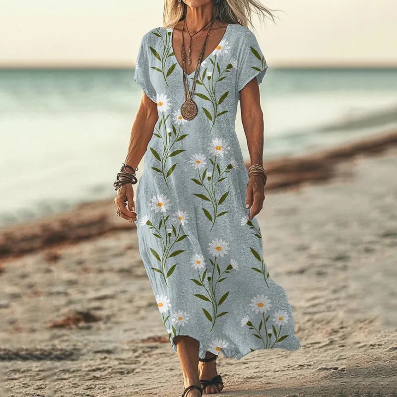 Daisy Print V-neck Short Sleeved Linen Blend Midi Dress