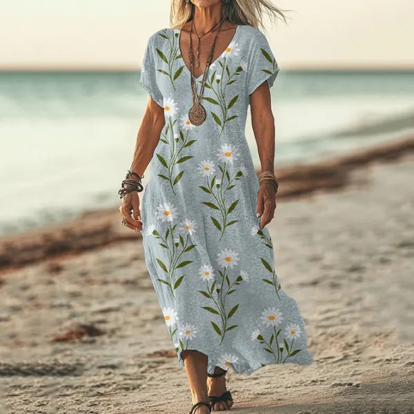 Daisy Print V-neck Short Sleeved Linen Blend Midi Dress