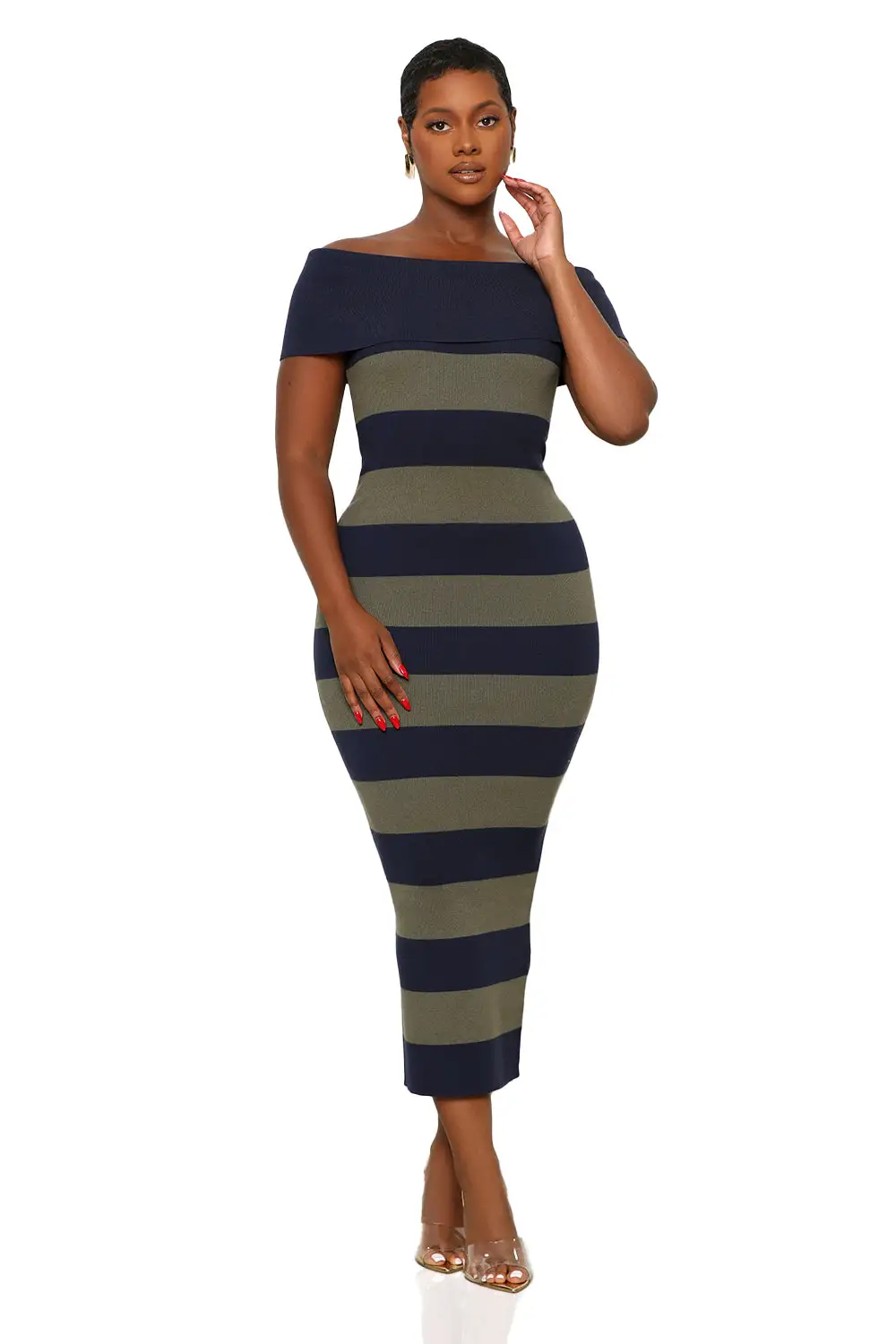 Fall In Love Stripe Off The Shoulder Dress (Olive/Navy)