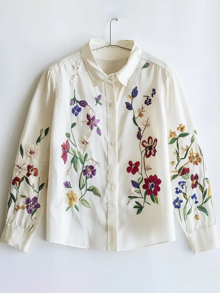 Forest Flower Embroidery Women's Long Sleeve Shirt