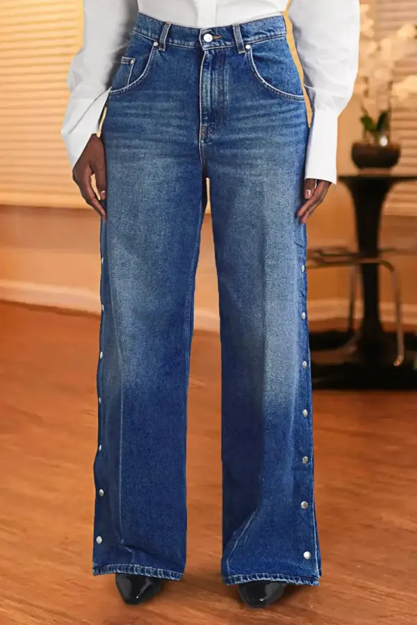 Snap Button Side High Waist Straight Leg Jeans
