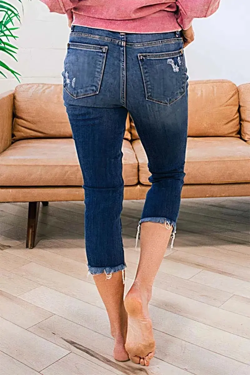Button Up Ripped Raw Hem Mid Rise Capri Jeans