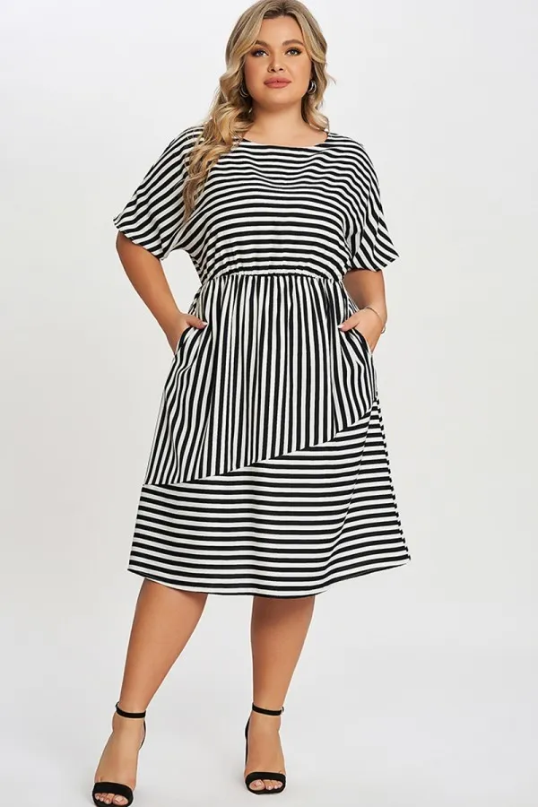 Striped Elasticized Waistband Slit Pocket Shirtdress