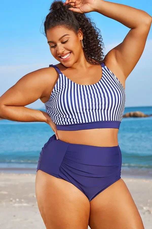 Plus Size Blue & White Striped Bikini Top