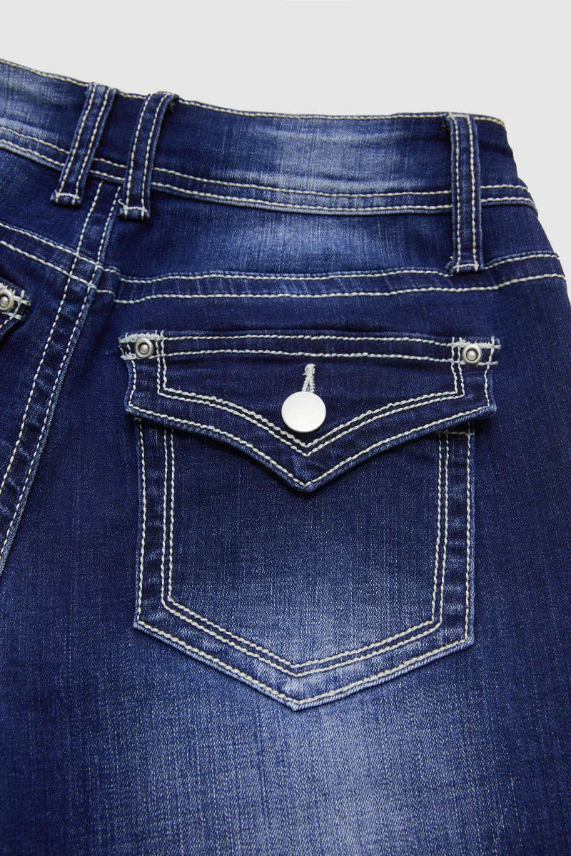Raw Hem Double Button Mid Waist Straight Leg Jeans