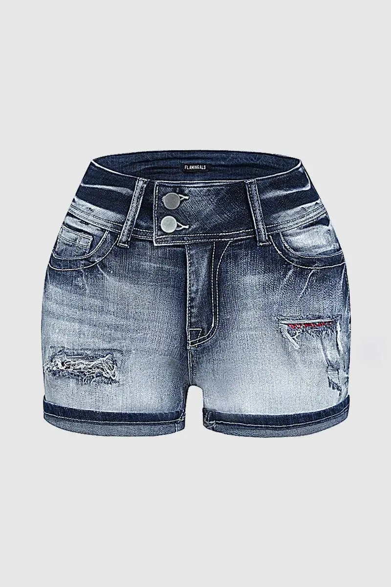 Wash Paisley Patched Ripped Mid Rise Denim Shorts