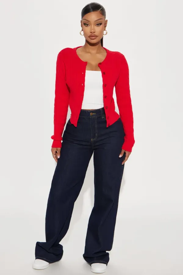 Elowen Cable Knit Cardigan - Red