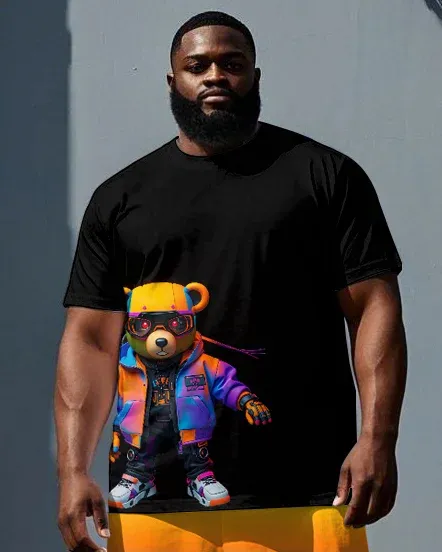 Men'S Big Size Hip Hop Gradient Cartoon Hoodie Bear Printed Casual Short Sleeve T-Shirt Shorts Set