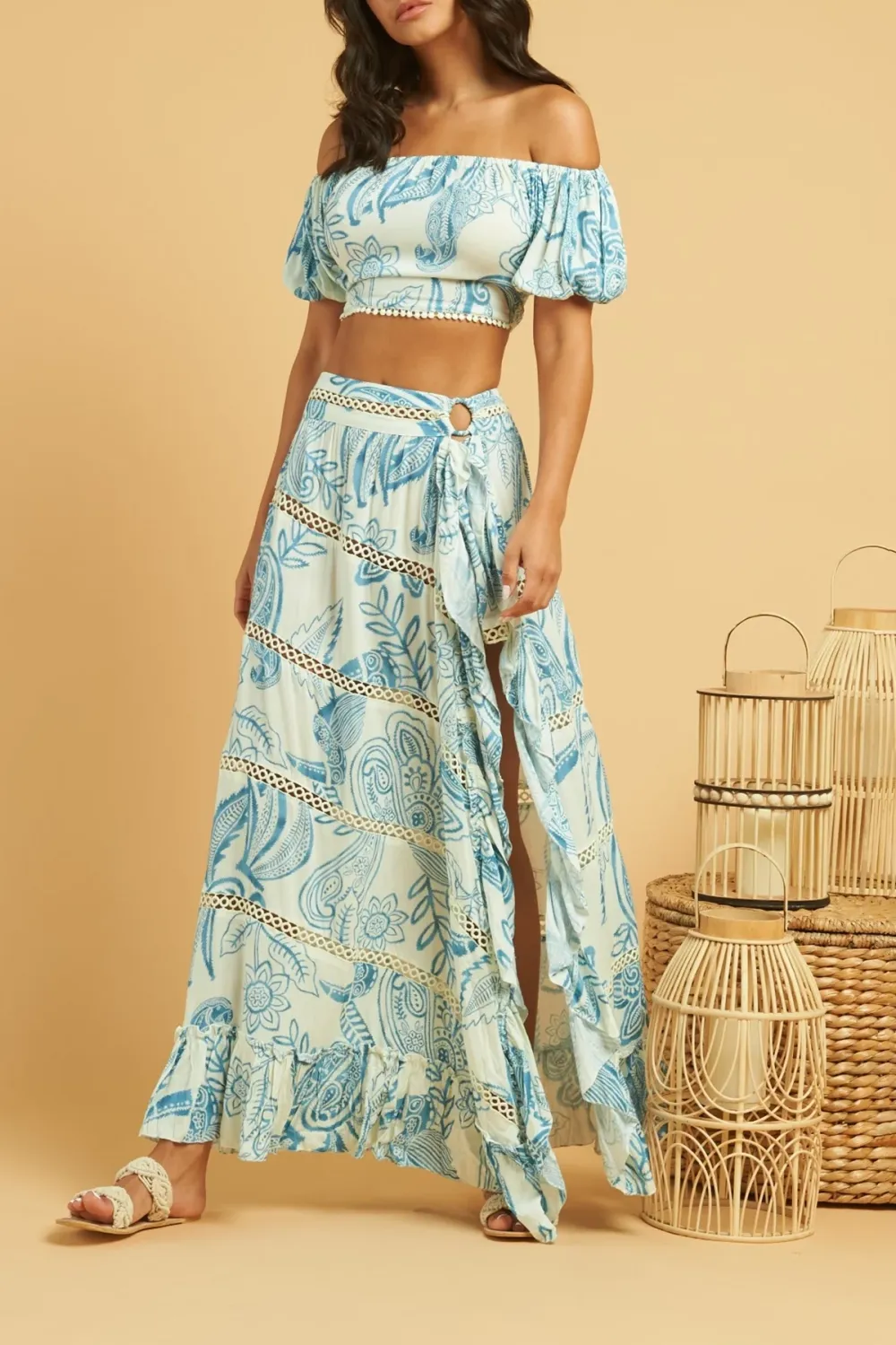 Blue And White Paisley Print High Slit Maxi Skirt