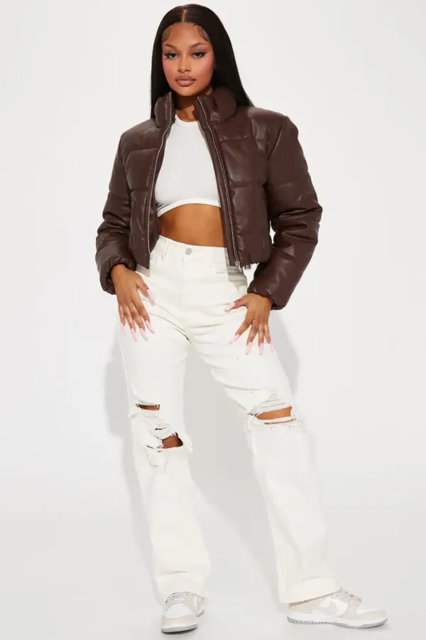 Vixen Faux Leather Puffer Jacket - Brown