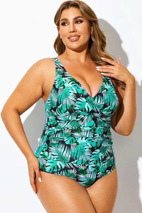 Green Palm Cross Front One-Piece Swimsuit