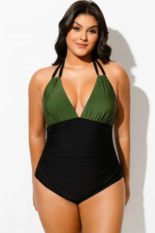 Green Halter V-Neck Colorblock One Piece Swimsuit
