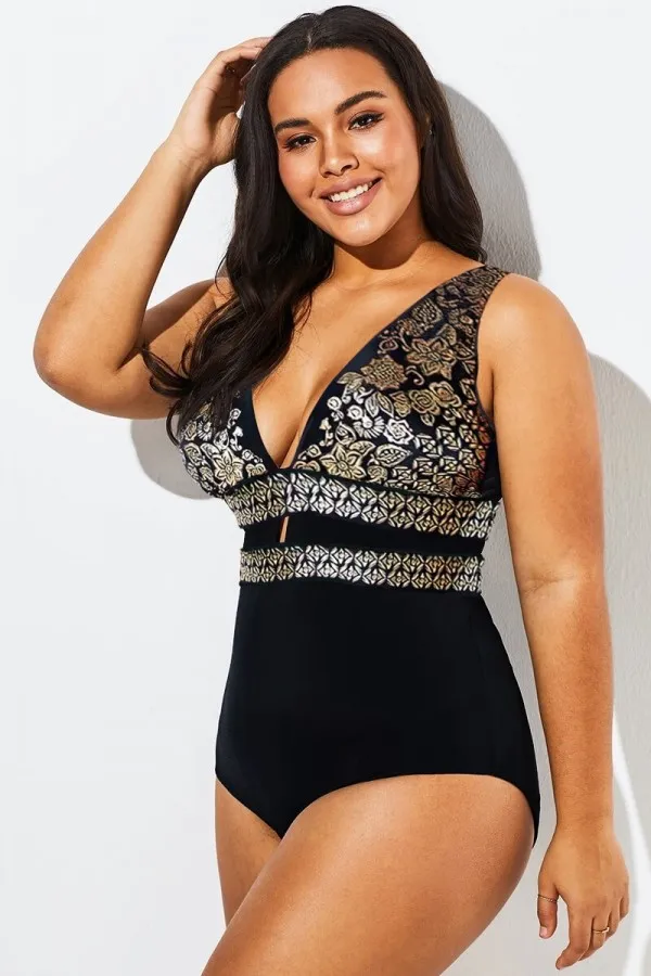 Black Lattice Plunge V-neck One Piece Swimsuit