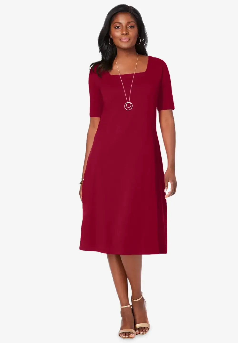 Stretch Cotton Square Neck Midi Dress