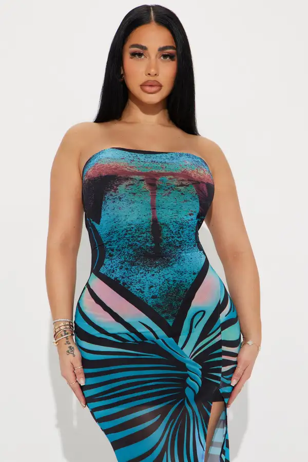 Fluttering Heart Mesh Maxi Dress - Blue/combo