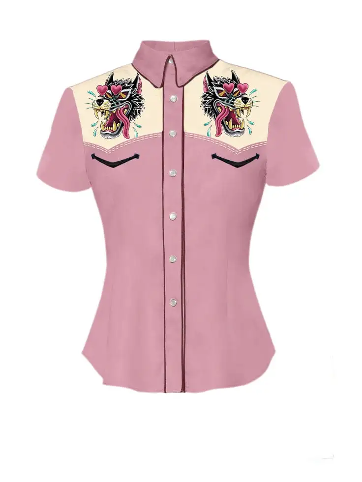 Women's Cartoon Wolf Print Shirt