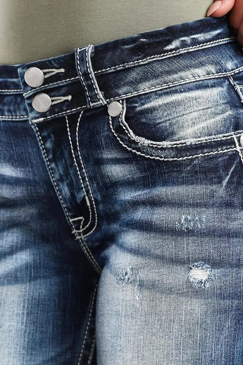 Ripped Roll Hem Double Button Mid Waist Denim Bermuda Shorts