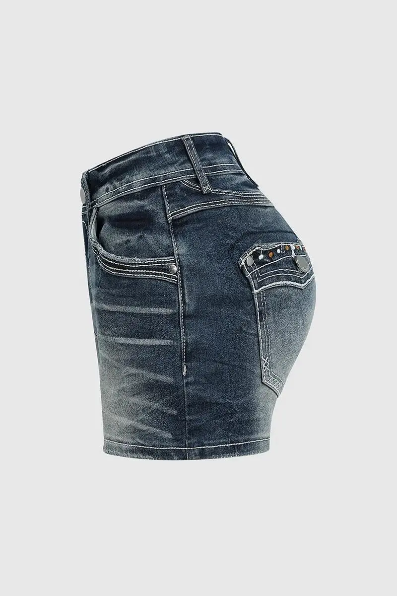 Wash Rhinestone Decor Flap Pocket Low Waist Denim Shorts