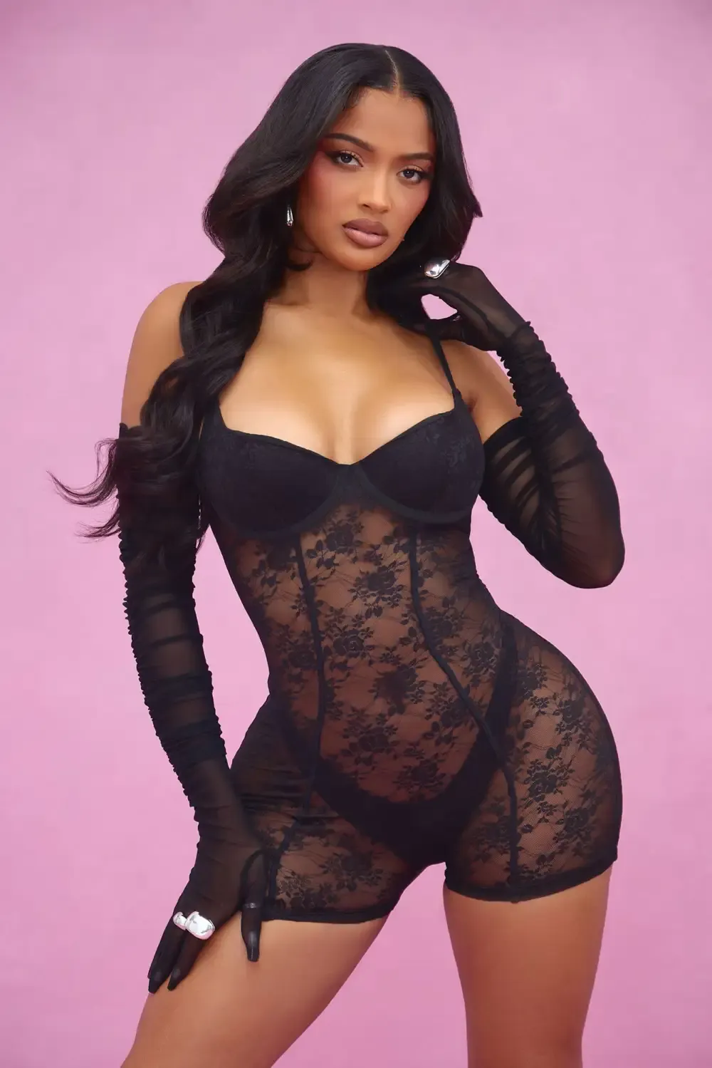 All Yours Lace Romper 2 Piece Bodystocking - Black