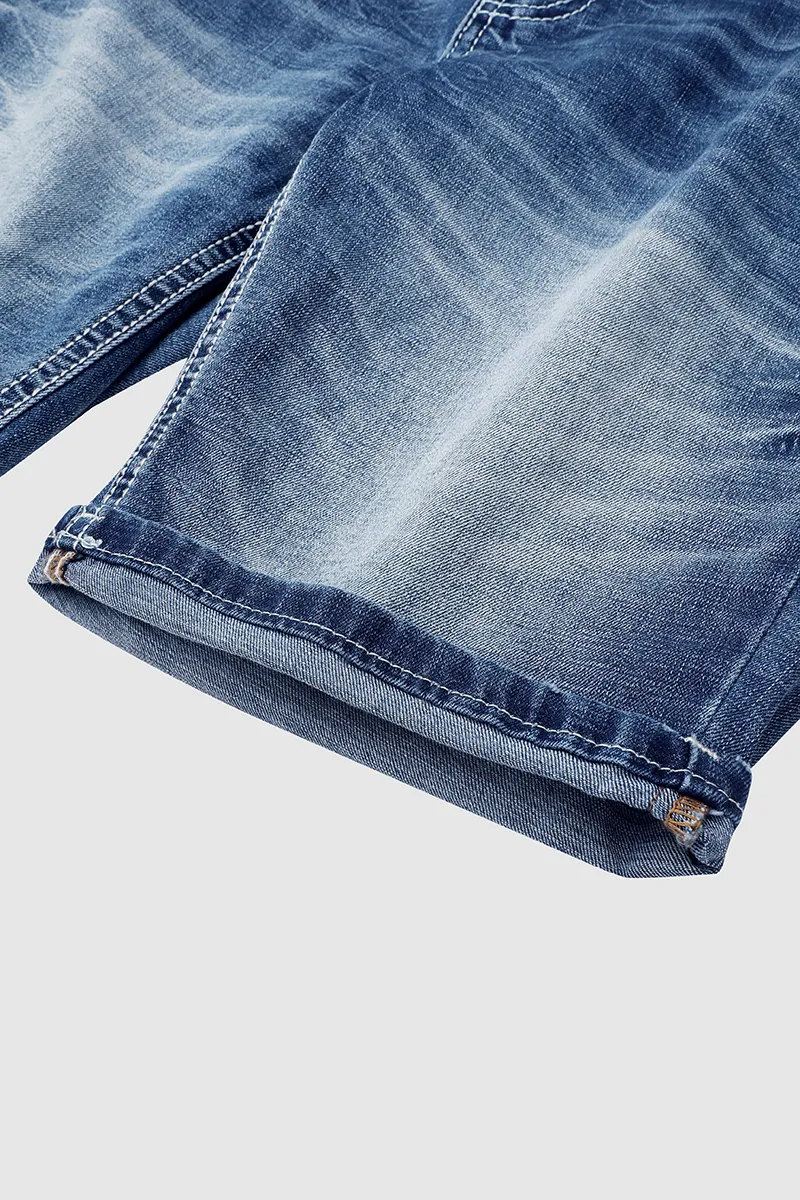Double Button Ripped Roll Hem Mid Rise Denim Bermuda Shorts