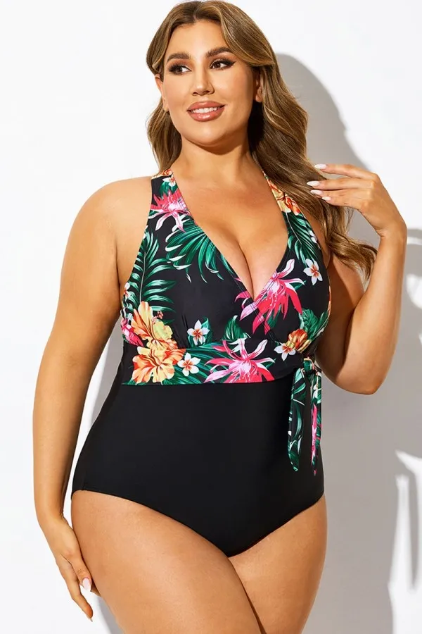 Floral Print Halter Neck One Piece Swimsuit