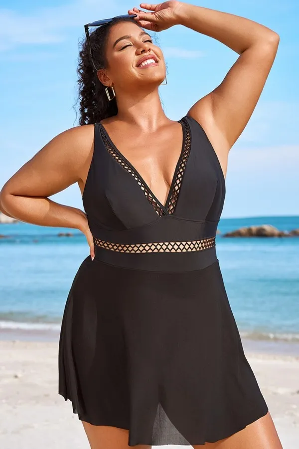 Plus Size Black Lattice Plunge Mesh Swimdress