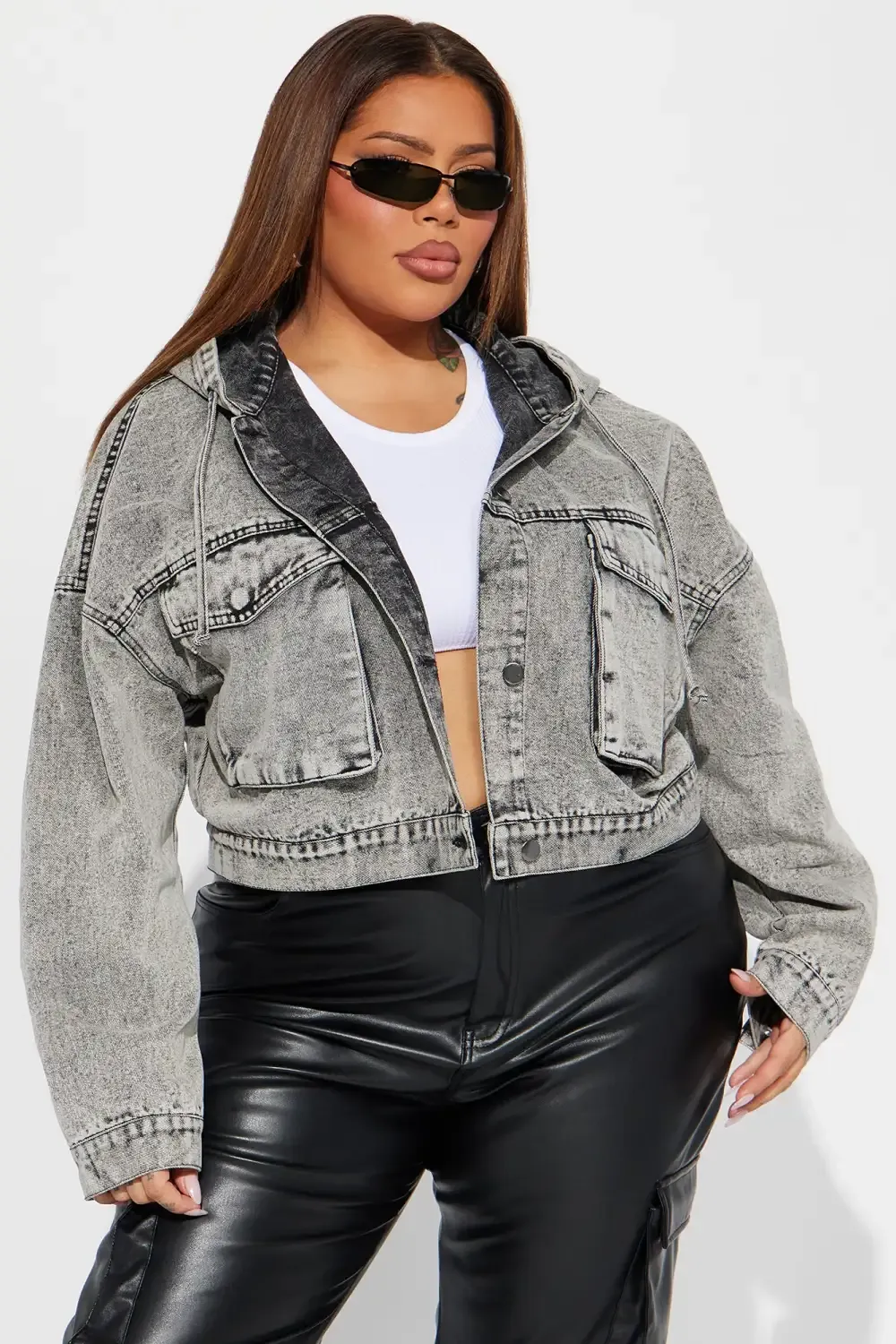 No Explanation Hooded Denim Jacket - Acid Wash Grey