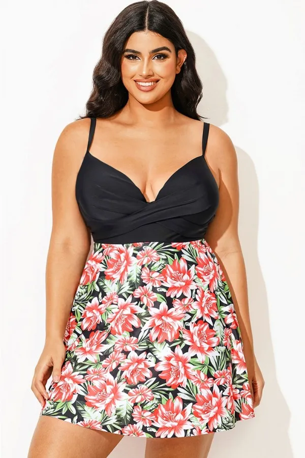 Plus Size Contrast Floral Print Style Swimdress