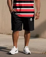 Big & Tall Men's Striped Color-Matching Short-Sleeved T-Shirt And Shorts Suit