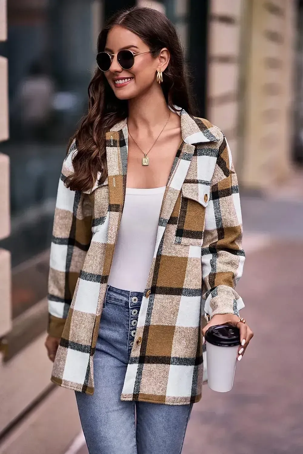 Women's 2023 Fall Clothes Plaid Shacket Jacket Long Sleeve Button Down Flannel Shirts Fashion Blouse