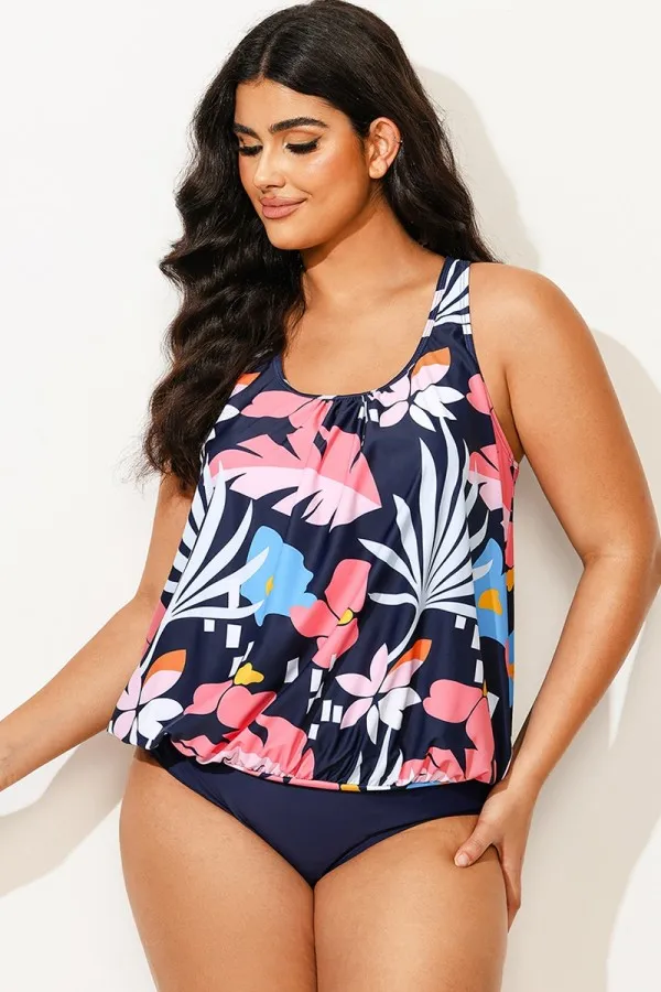 Floral Print Tummy Control Blouson Tankini Top