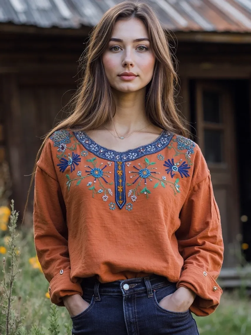 Vintage Bohemian Tribal Art Embroidery Print Cotton And Linen Loose Shirt