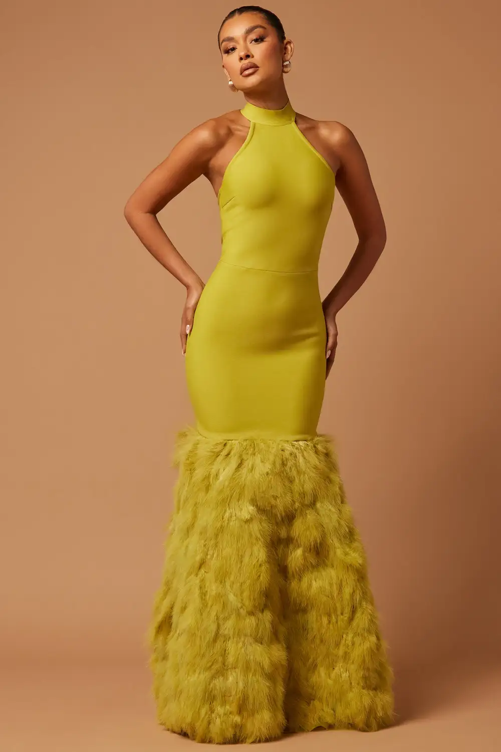 Bailey Feather Bandage Gown - Chartreuse