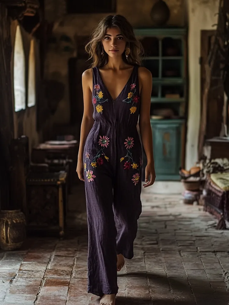 Vintage Floral Embroidered Pattern Art Linen Blend Loose Casual Jumpsuit