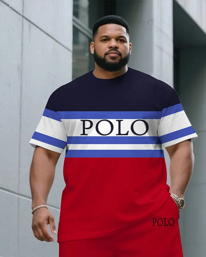 Men'S Plus Size Fashion Contrast Blue & Red Large Polo Print Round Neck Short Sleeve T-Shirt Shorts Suit