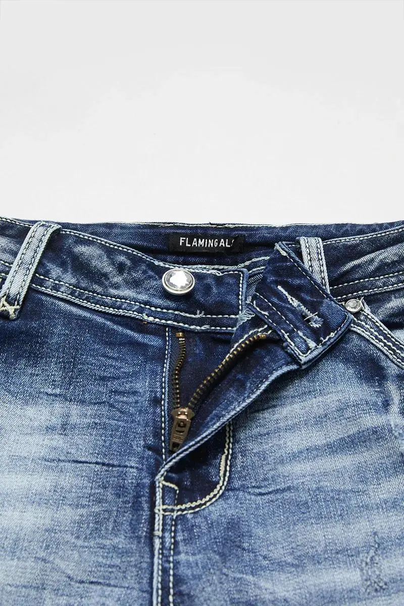 Ripped Raw Hem Mid Waist Denim Mid Thigh Shorts