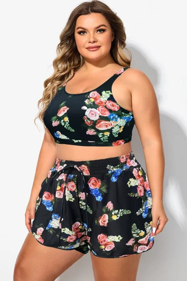 Floral Print Round Neck Wide Strap Bikini Top
