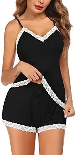 Women Cami Pajama Set Modal Sleepwear Lace Trim Short PJ Set with Shorts