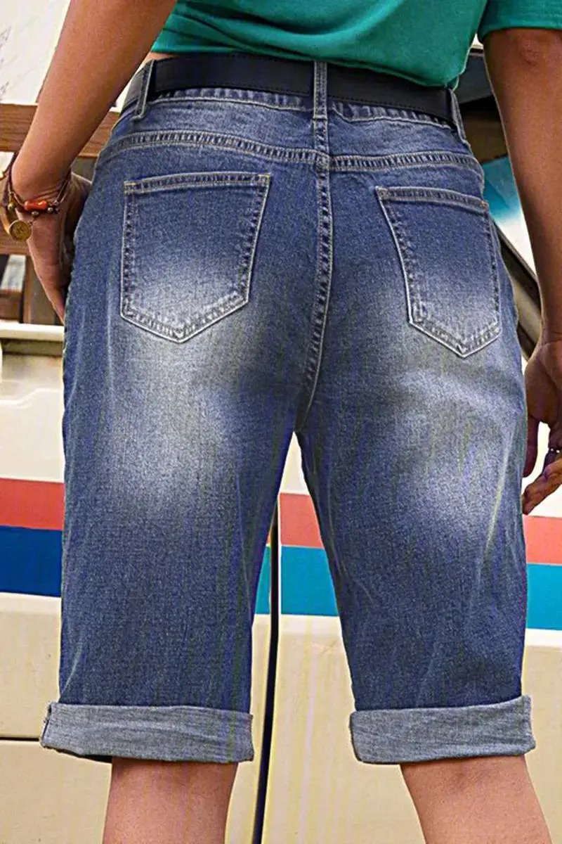 Ripped Rolled Hem Denim Bermuda Shorts Without Belt