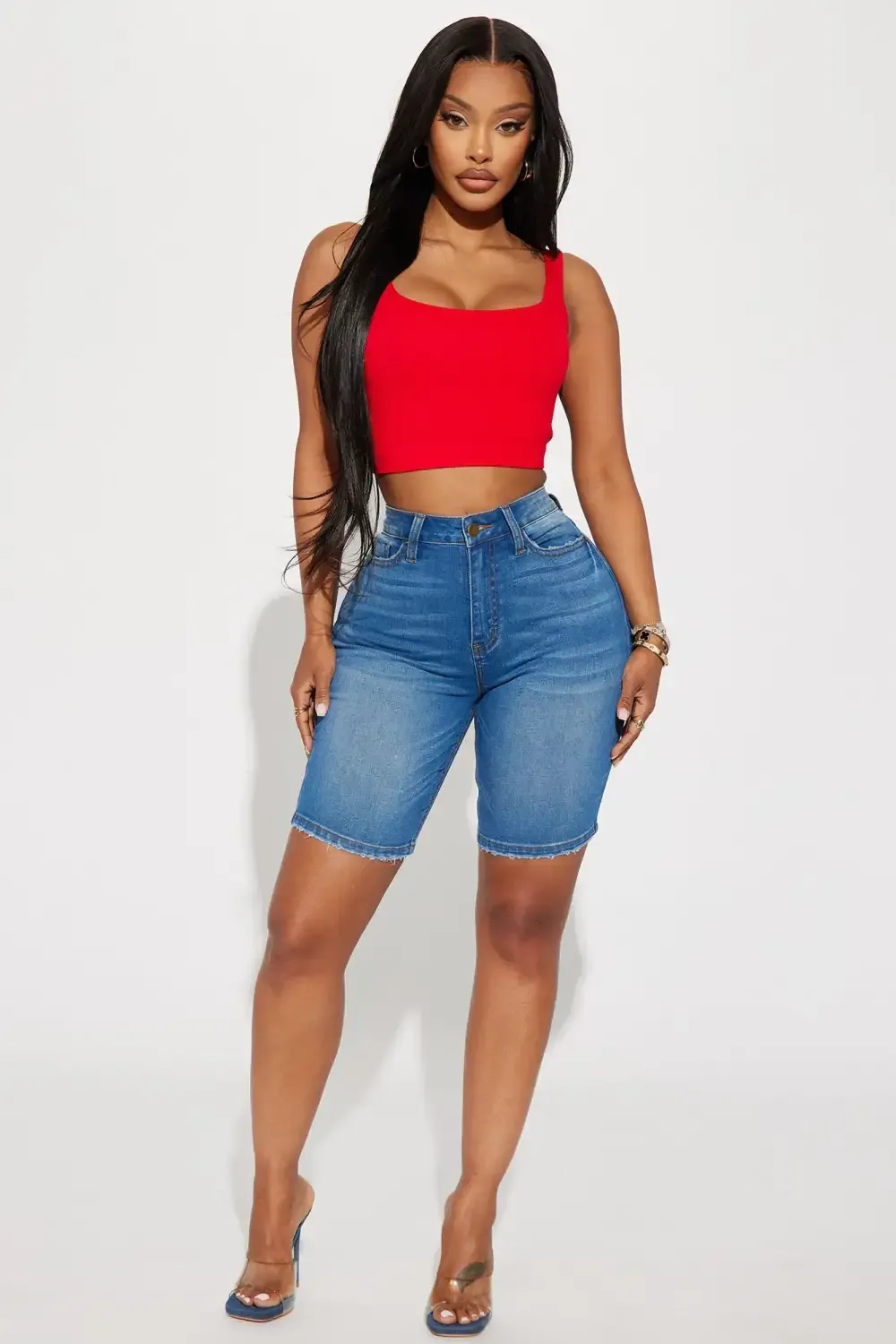 On The List Deluxe Stretch Bermuda Shorts - Medium Wash